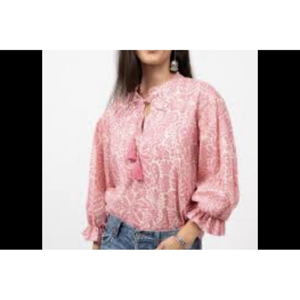 Ivy Jane Pink Floral Blouse Size M Tassel Boho Ruffle Neck / Hem Peasant Cottage